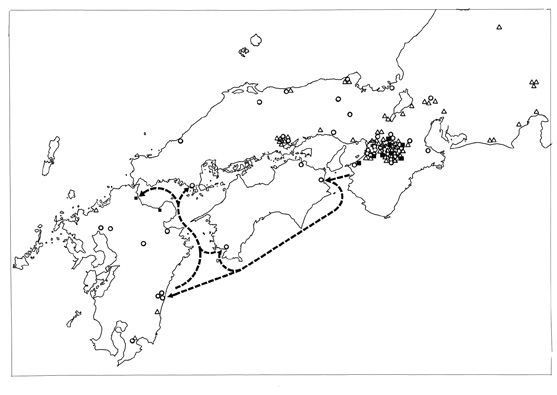 四世紀後半から五世紀の古墳分布と想定される航路